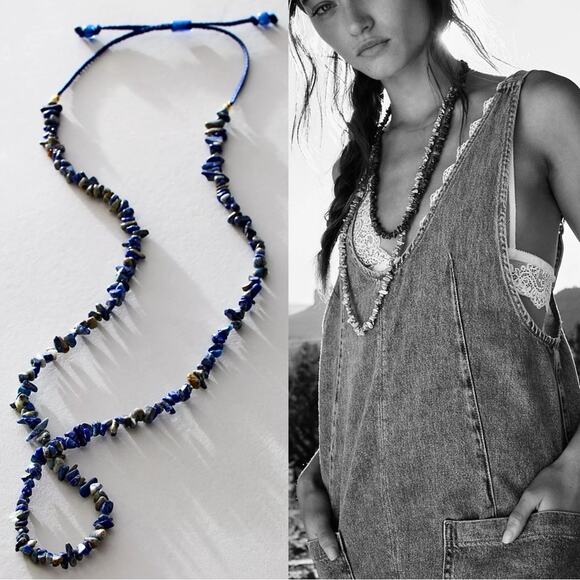 Free People Bohemian Single Strand Crystal Chip Beaded Necklace Lapis Blue NWT - Picture 3 of 15